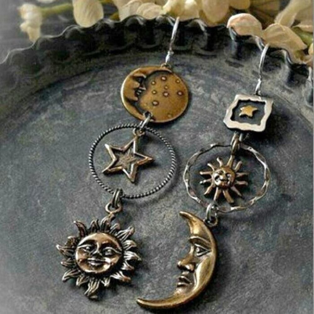 Celestial Sun & Moon Dangle Earrings - Brass Tone